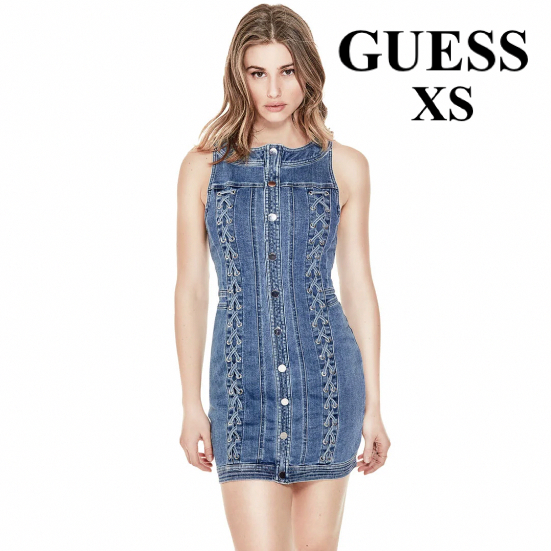 guess ゲス　デニム　ミニ　ワンピース　レースアップ　編み上げ　ブルー　青 | フリマアプリ ラクマ