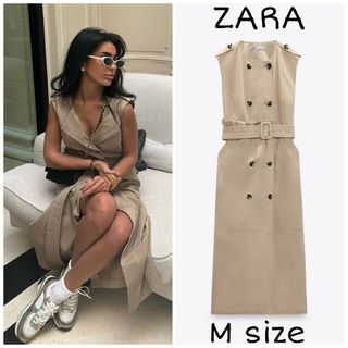 ザラ(ZARA)のZARA　ギャバジンワンピース ベルト  Mサイズ　ベージュ系(ロングワンピース/マキシワンピース)