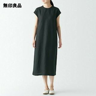 ムジルシリョウヒン(MUJI (無印良品))の《新品》  無印良品ヘンプ洗いざらしフレンチスリーブワンピース／黒／Ｍ(ひざ丈ワンピース)