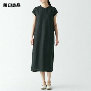 ムジルシリョウヒン(MUJI (無印良品))の●新品●  無印良品ヘンプ洗いざらしフレンチスリーブワンピース／黒／XL(ひざ丈ワンピース)