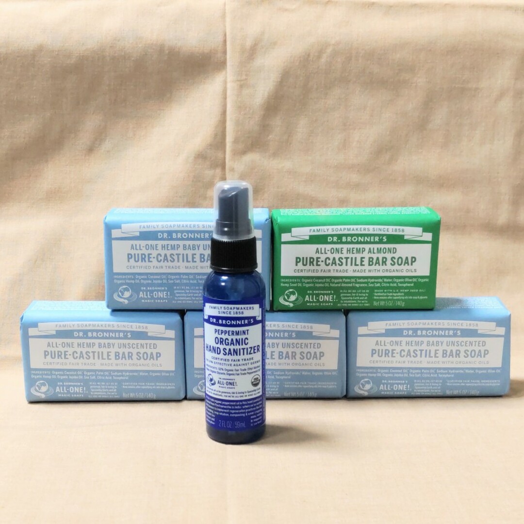 Dr.Bronner(ドクターブロナー)のDR.ブロナー マジックソープ5個&サニタイザー1本 コスメ/美容のボディケア(ボディソープ/石鹸)の商品写真