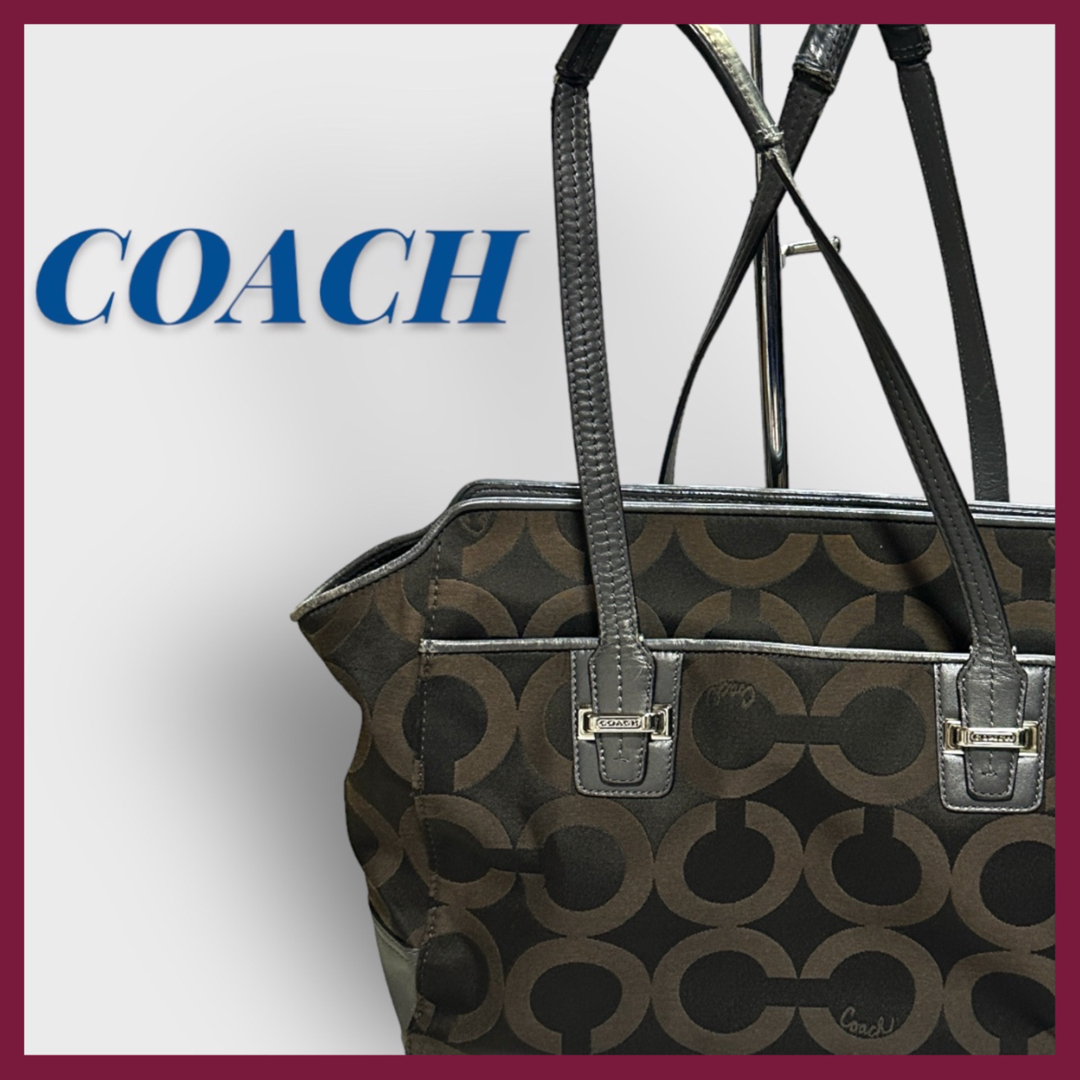 美品 COACH コーチ オプアート トートバッグ シグネチャー グレー 肩掛け