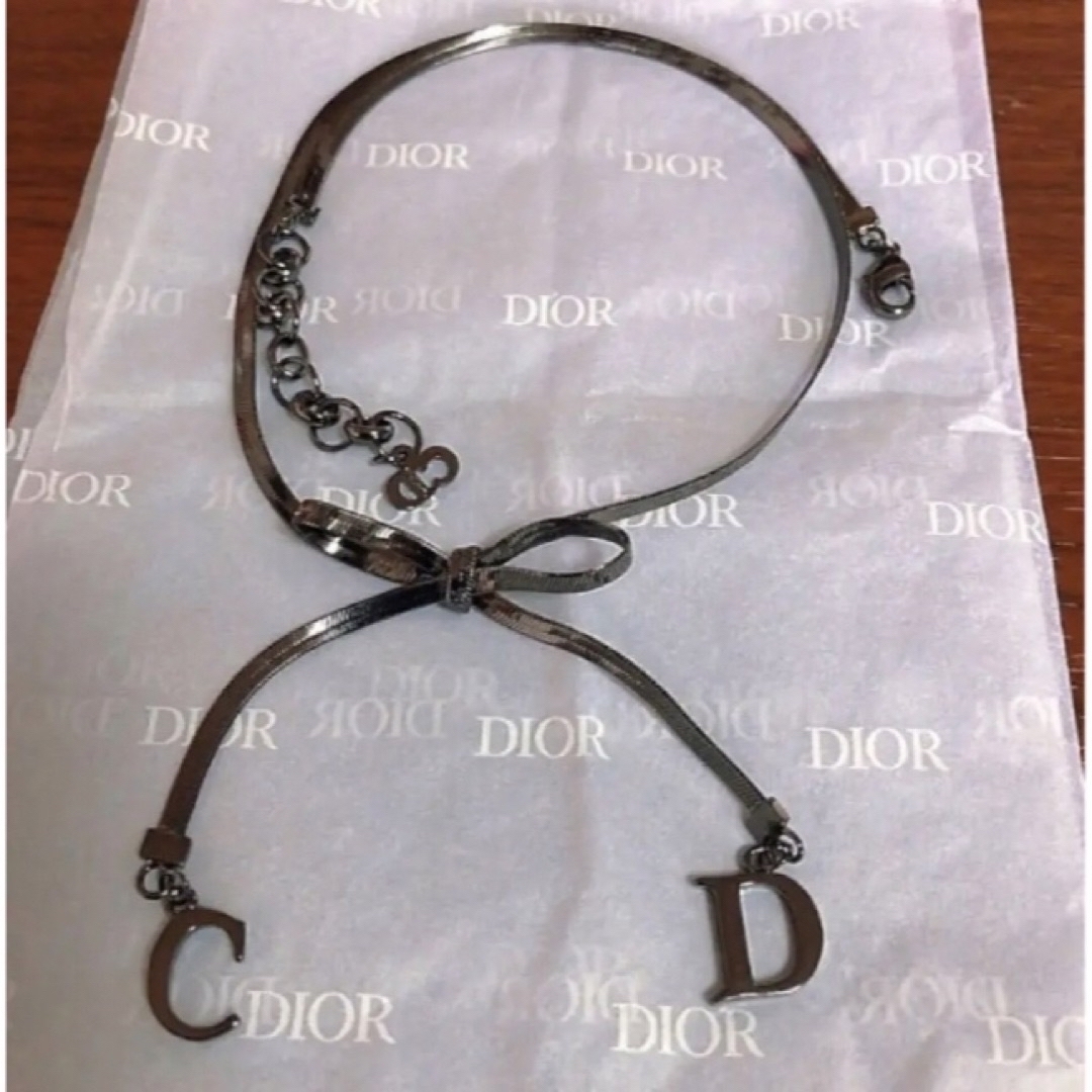 Dior 希少 ネックレス シルバー ブラックCD ロゴ リボン 黒