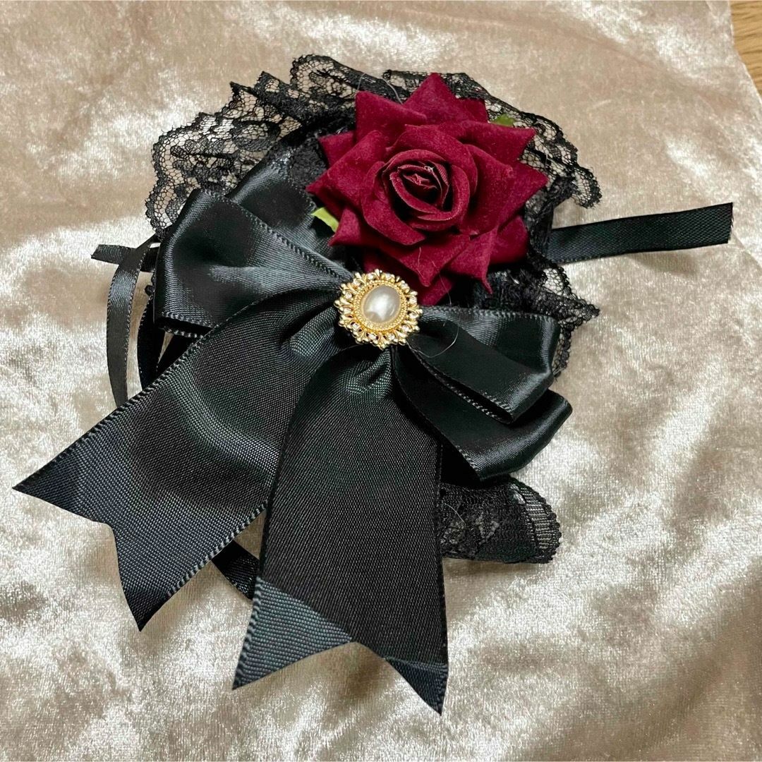 ヘッドドレス ゴスロリ ロリータ バラ リボン パンク 黒✕黒 熱い販売