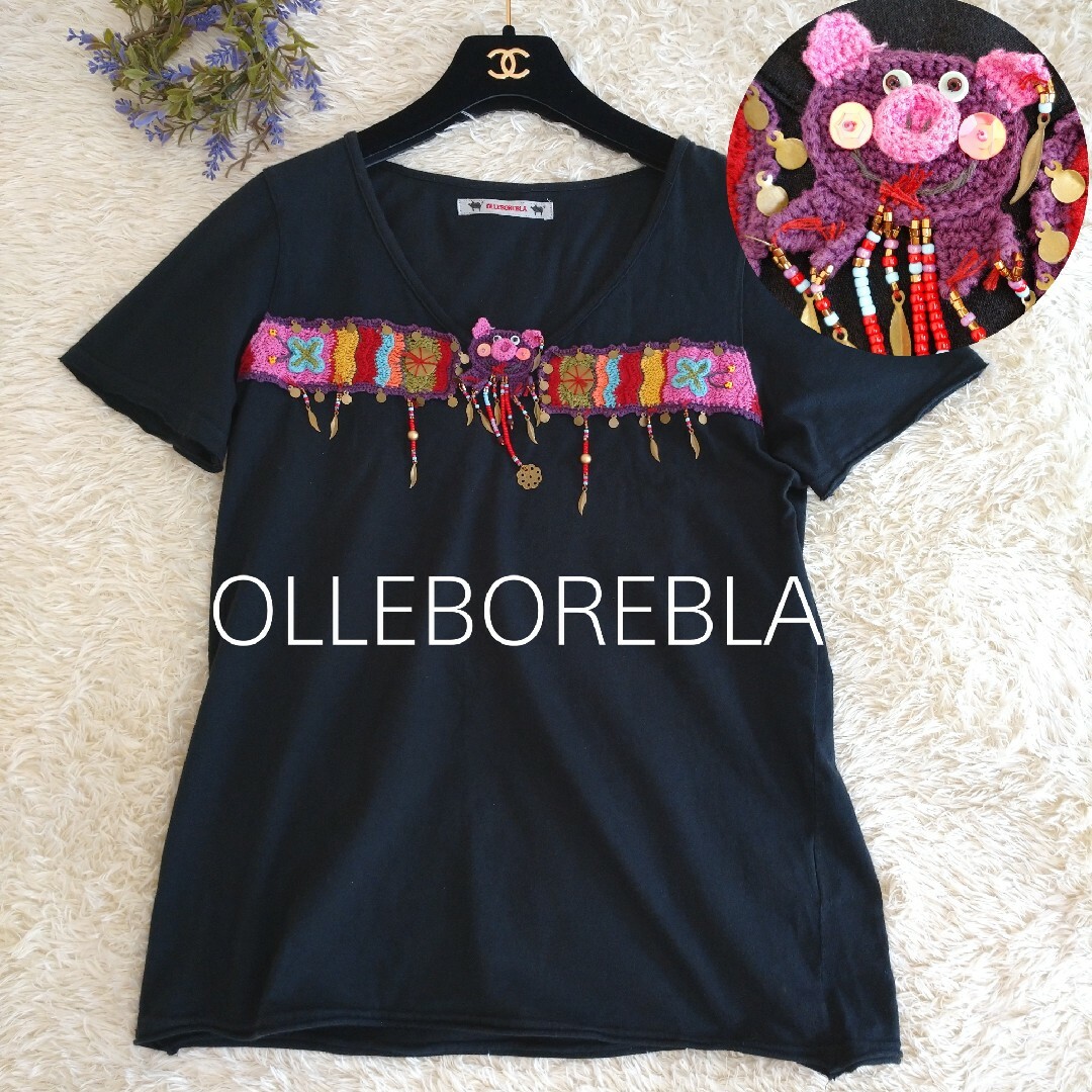 日本製★OLLEBOREBLA　Tシャツ　ぶたさん編みモチーフ　半袖　コットン