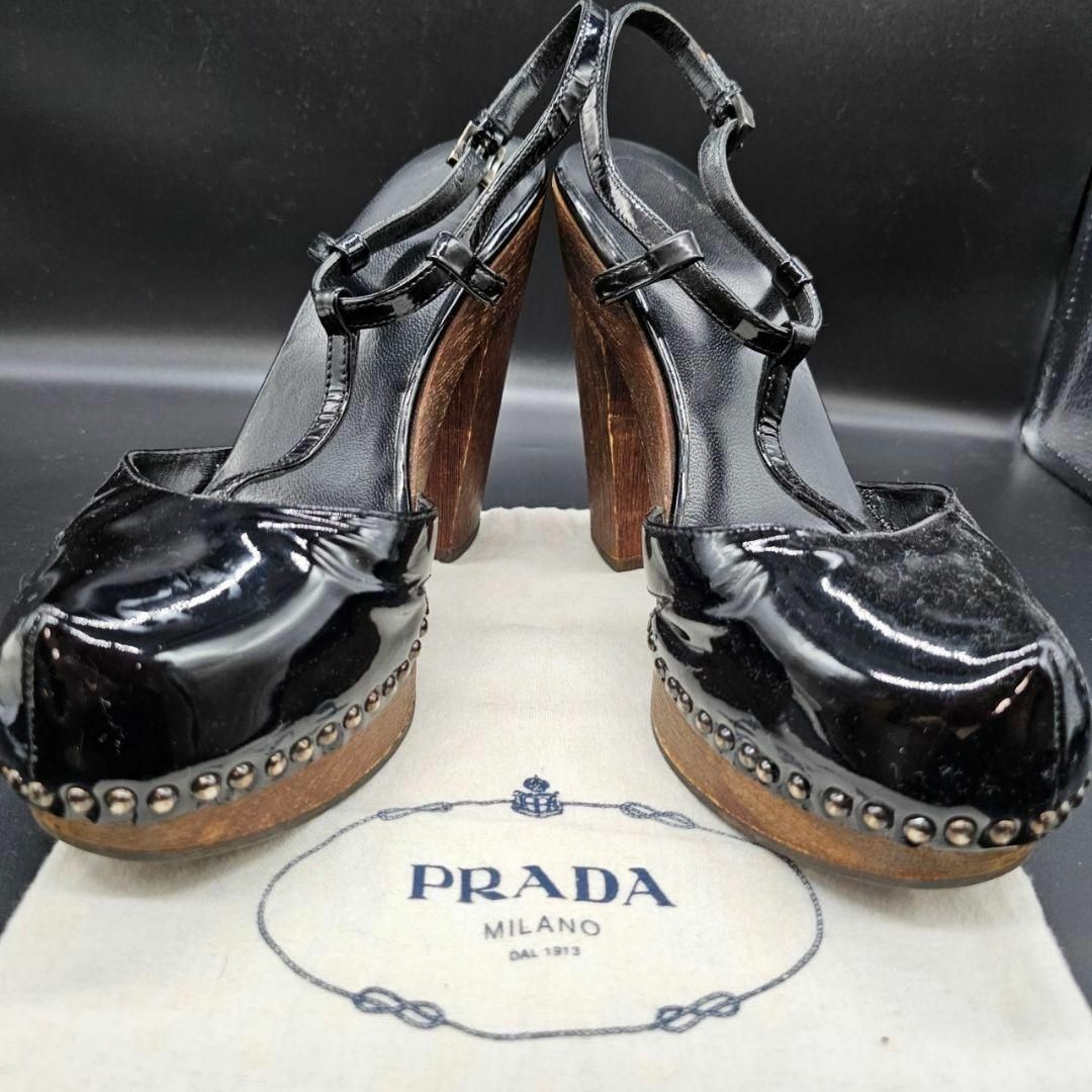 安い チャンキー スタッズ パテントレザー PRADA 美品 ヒール 38