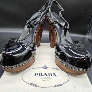 美品 PRADA パテントレザー スタッズ チャンキー ヒール サンダル 38