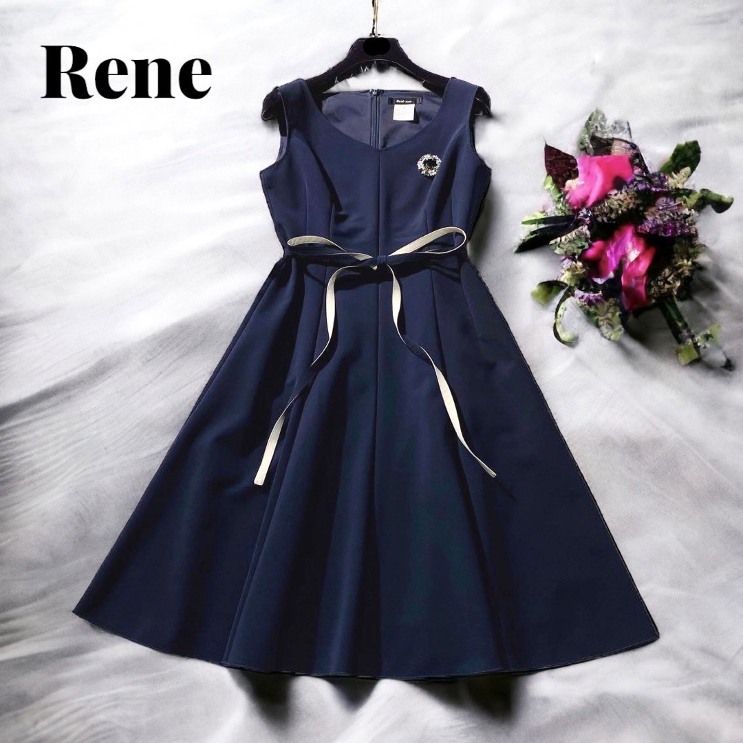 美品 Rene ルネ リボン ひざ丈フレアワンピース ミッドナイトブルー 34-