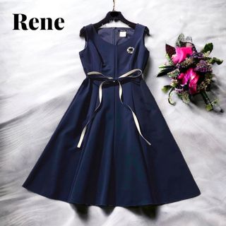 ルネ(René)の美品　Rene ルネ　リボン　ひざ丈フレアワンピース　ミッドナイトブルー　34 (ひざ丈ワンピース)