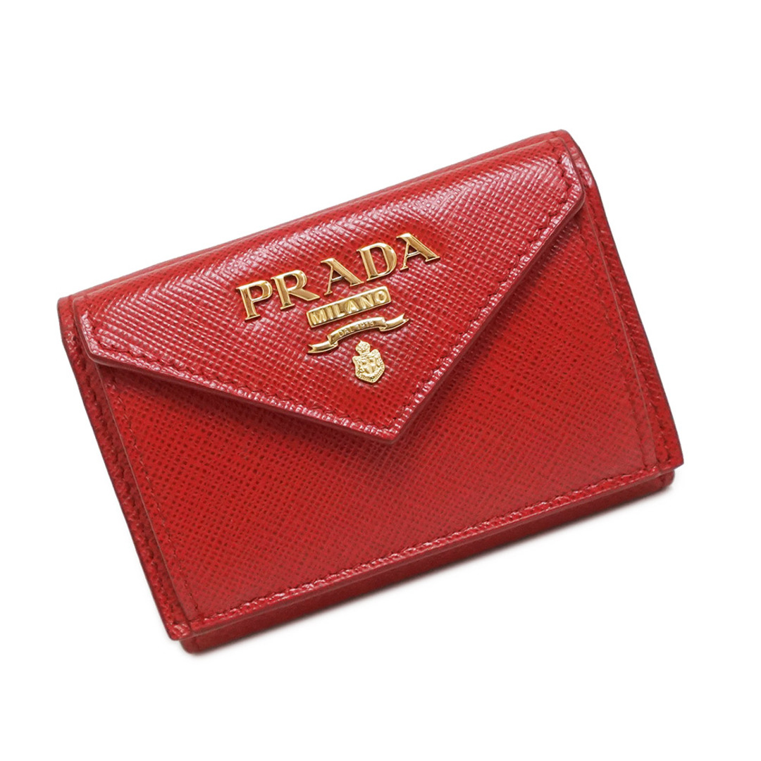 プラダ サフィアーノ メタル コンパクト 三つ折り財布 レザー フォーコ レッド 赤 ゴールド金具 1MH021 箱付 PRADA（新品・未使用品）