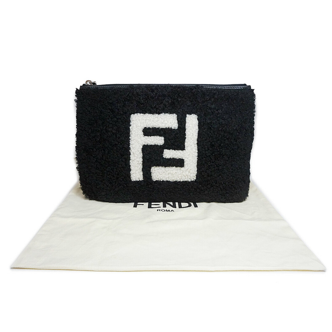FENDI フェンディ クラッチバッグ ポーチ ロゴ ファー ブラック-