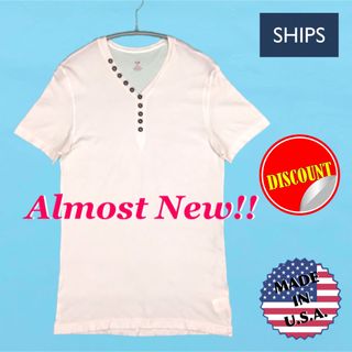 シップス(SHIPS)のSHIPS美品★米国製 コットン100% ボタン付きＶネックＴシャツ／Ｍサイズ(Tシャツ/カットソー(半袖/袖なし))