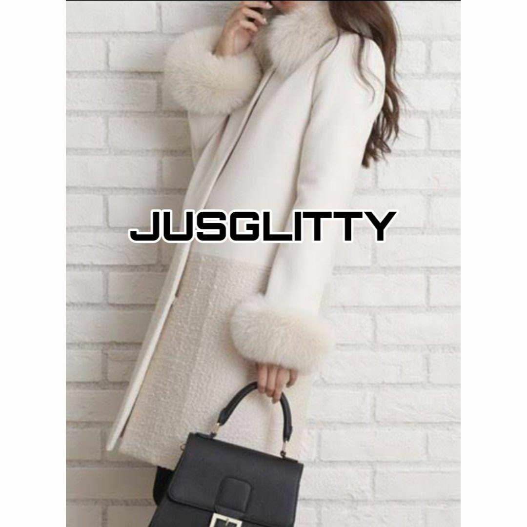 雑誌掲載モデル】 JUSGLITTY ロングコート グレージュ フォックスファー-