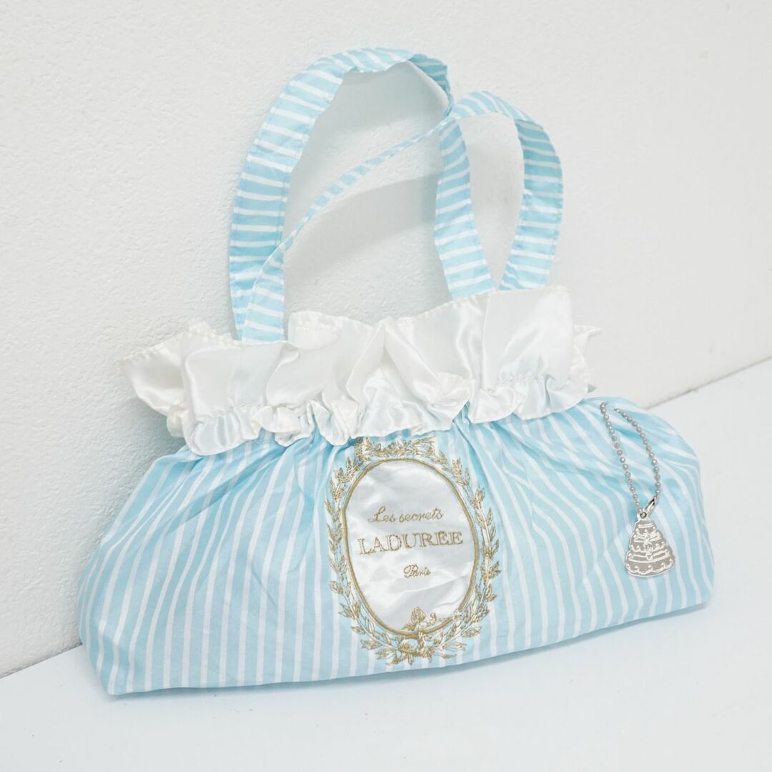 LADUREE(ラデュレ)の折りたたみ傘 LADUREE ラデュレ USED美品 ストライプ フリル ブルー 55cm KR FA8272 レディースのファッション小物(傘)の商品写真