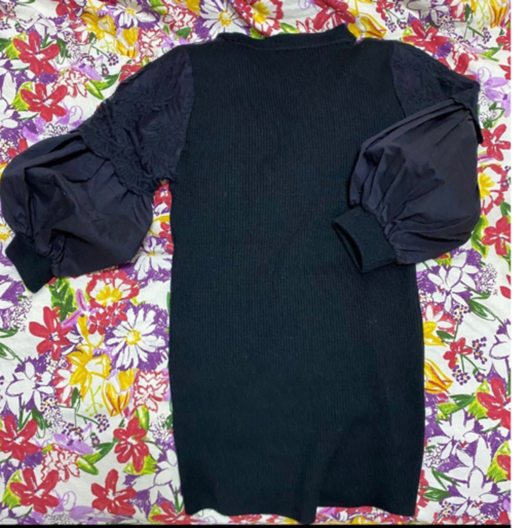 七分袖ふんわり袖　ニット　黒　レース　レーシー　 ブラウス　Sくらい　春物　花柄 レディースのトップス(ニット/セーター)の商品写真