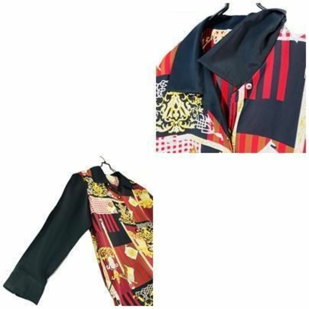 古着 スカーフ柄 レトロ 開襟オープンカラーシャツブラウス 黒 vintage レディースのトップス(シャツ/ブラウス(長袖/七分))の商品写真