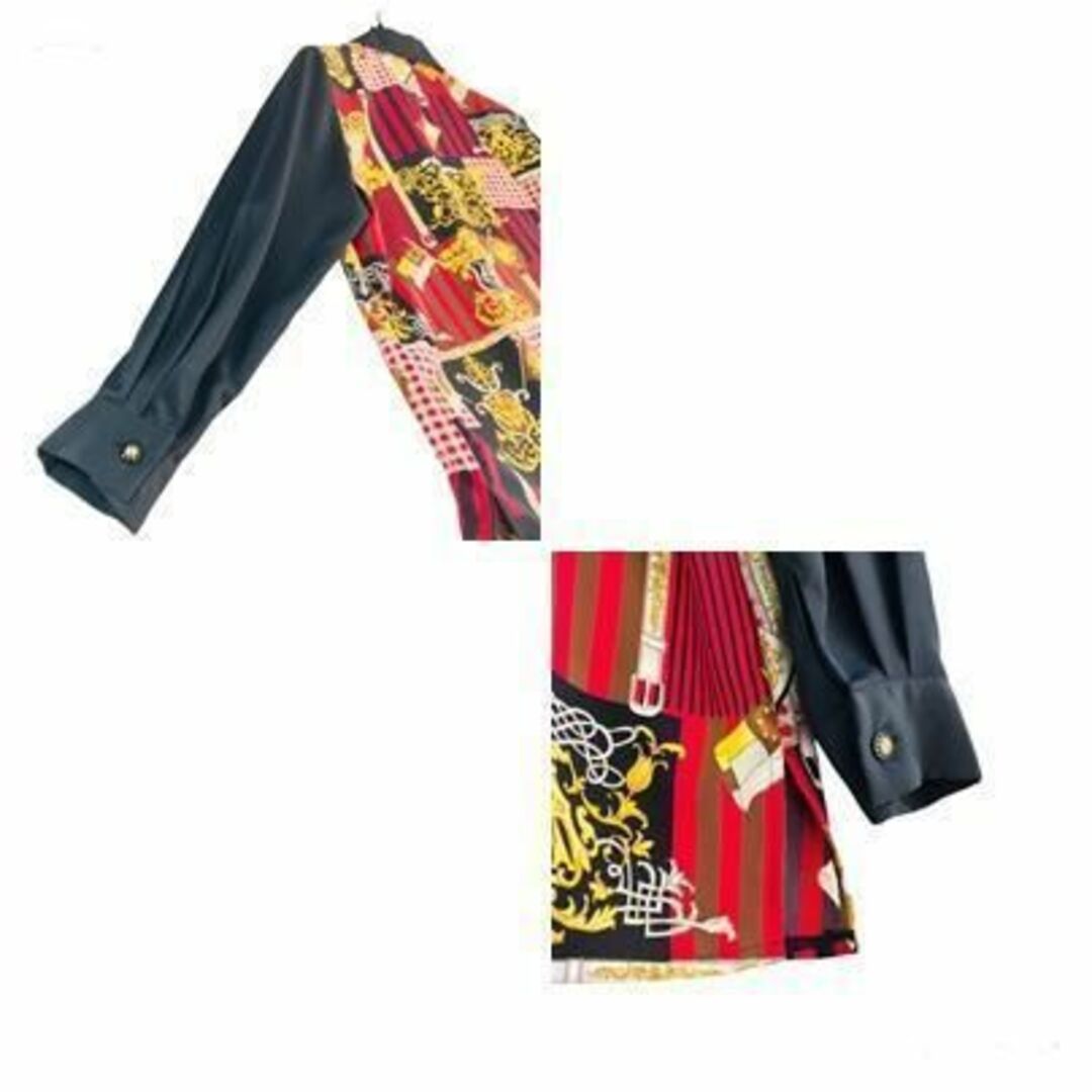 古着 スカーフ柄 レトロ 開襟オープンカラーシャツブラウス 黒 vintage レディースのトップス(シャツ/ブラウス(長袖/七分))の商品写真