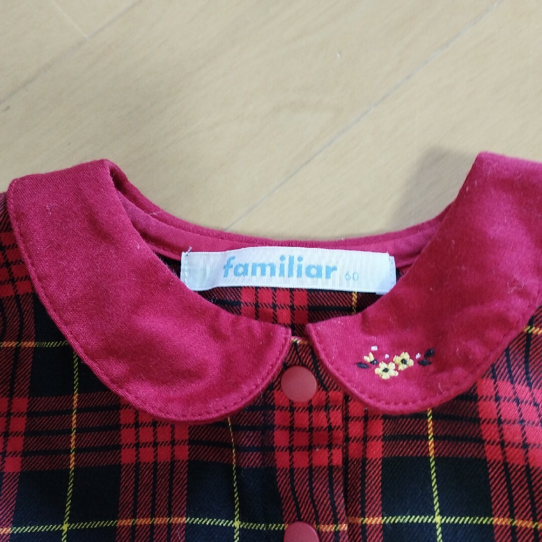 美品　ファミリア　カバーオール　ロンパース　60 familiar 赤チェック