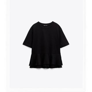 ザラ(ZARA)のZARA ZARA マッチングプリーツ加工ヘムTシャツ　ブラック(Tシャツ(半袖/袖なし))