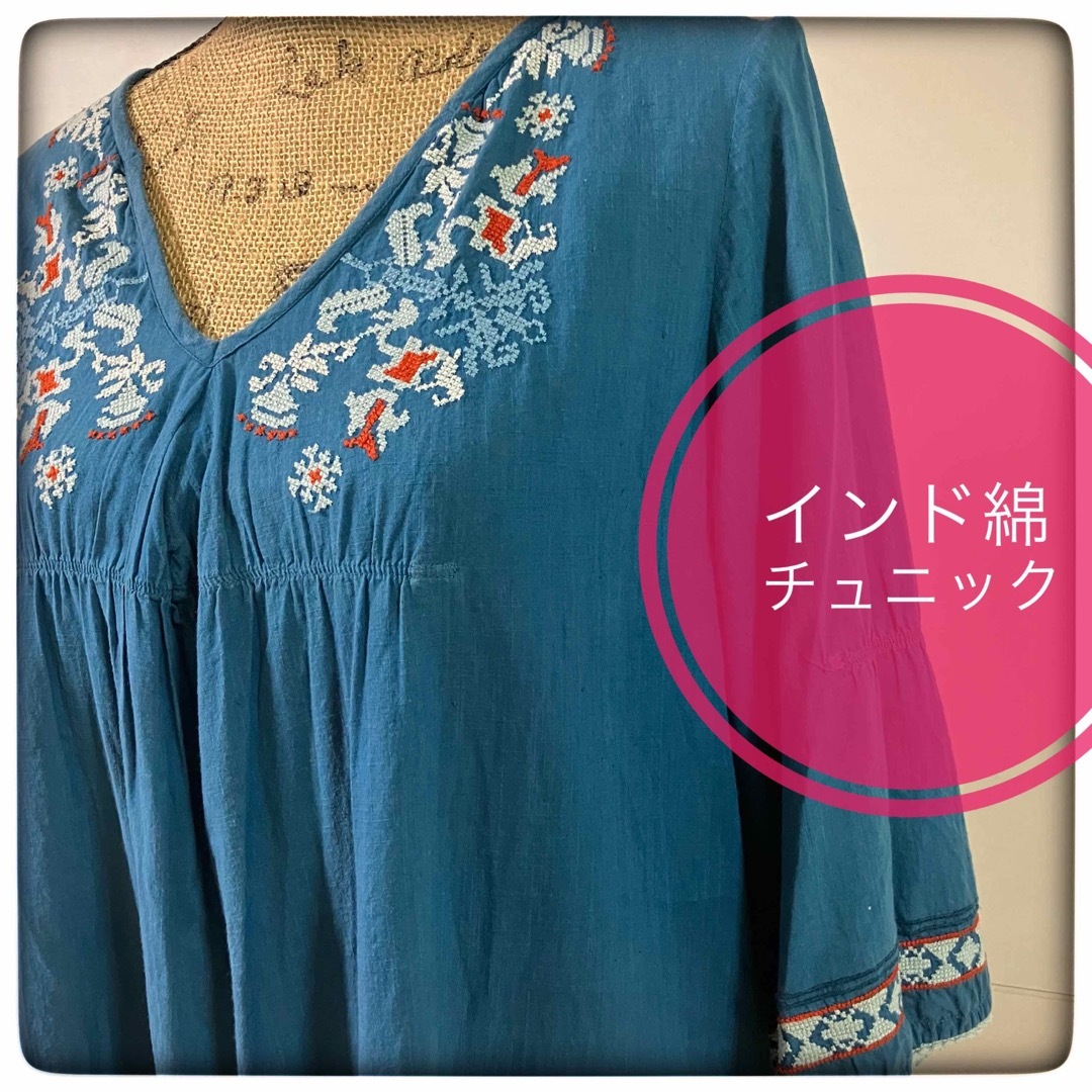 【FANAKA☆ファナカ】 インド製　綿　チュニック　刺繍　ブルー | フリマアプリ ラクマ