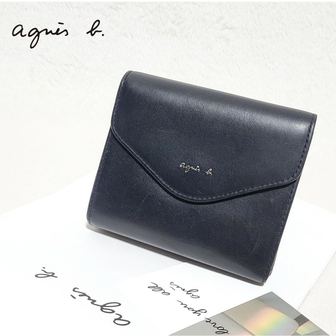 良品】agnes b. コンパクト ウォレット 二つ折り財布 レザー ブラック