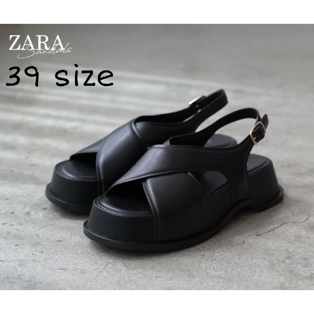 ZARA - ZARA クロスストラップ レザーサンダル 39サイズ ブラックの