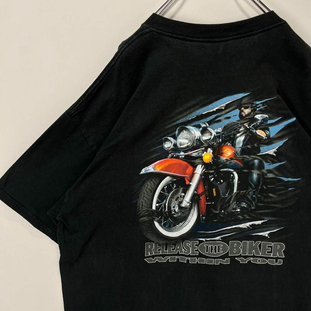 バイク　Tシャツ　アメカジ　2XLサイズ　ゆるだぼ　ワンポイントロゴ　ブラック
