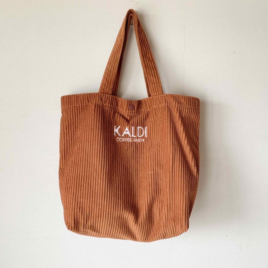 KALDI(カルディ)のKALDI エコバッグ トートバッグ 美品 コーデュロイ オレンジ ブラウン レディースのバッグ(トートバッグ)の商品写真