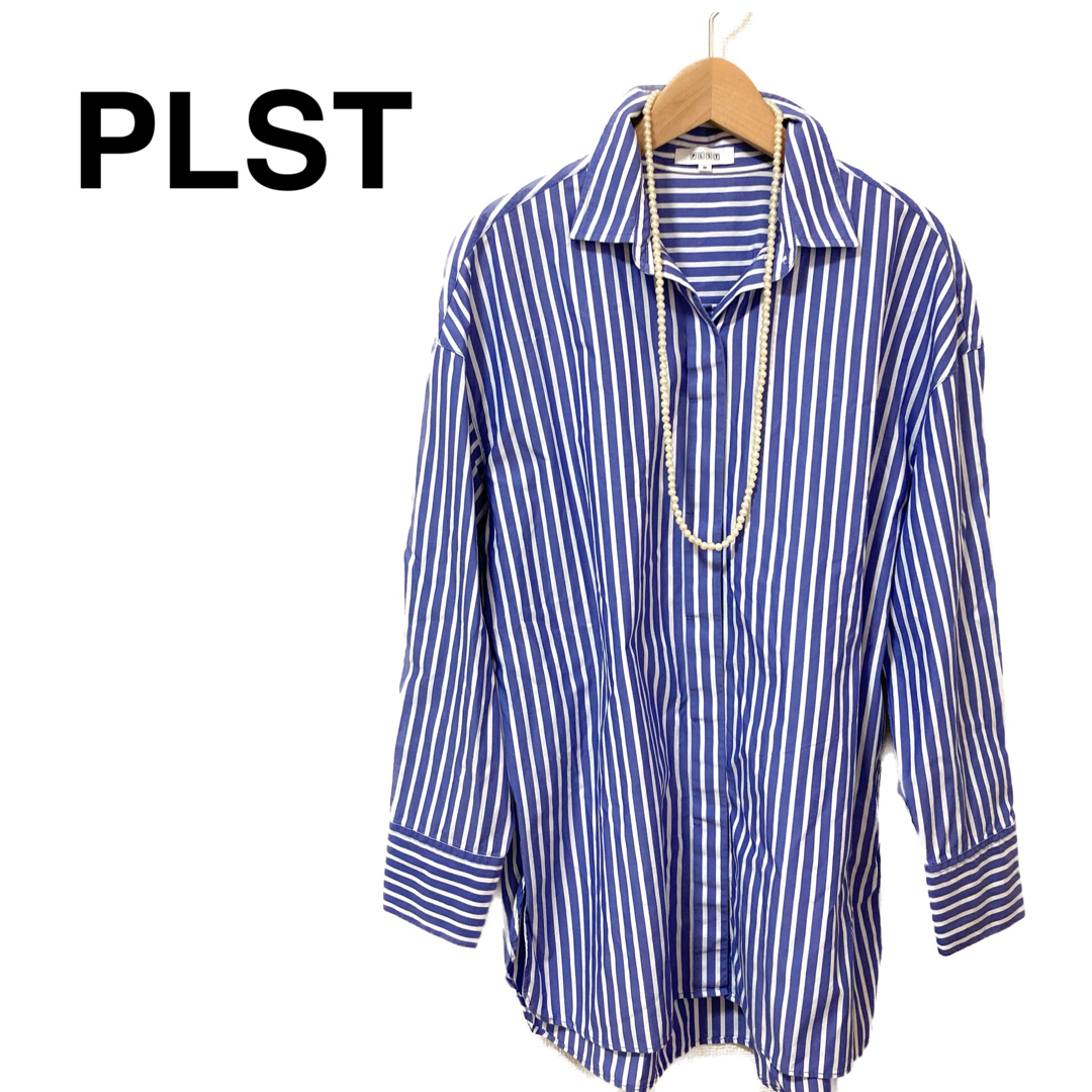 PLST(プラステ)のPLST プラステ　青ストライプ　ゆったり　ロングシャツ　Mサイズ レディースのトップス(シャツ/ブラウス(長袖/七分))の商品写真