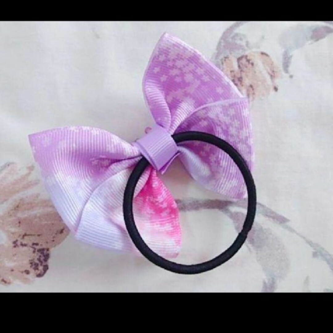 9】紫×花柄 グログラン リボン ヘアゴム ハンドメイド髪飾り