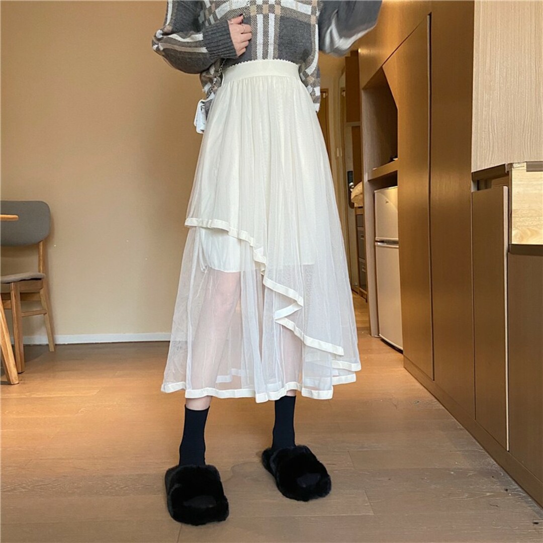 アシンメトリー 個性派 メッシュ スカート モード フレアスカート ホワイト