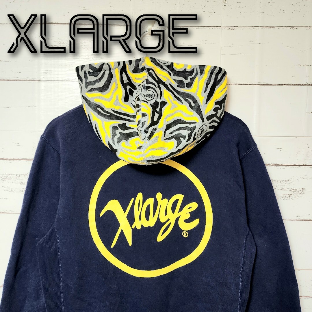 希少》XLARGE エクストララージ パーカー プルオーバー ネイビー 迷彩