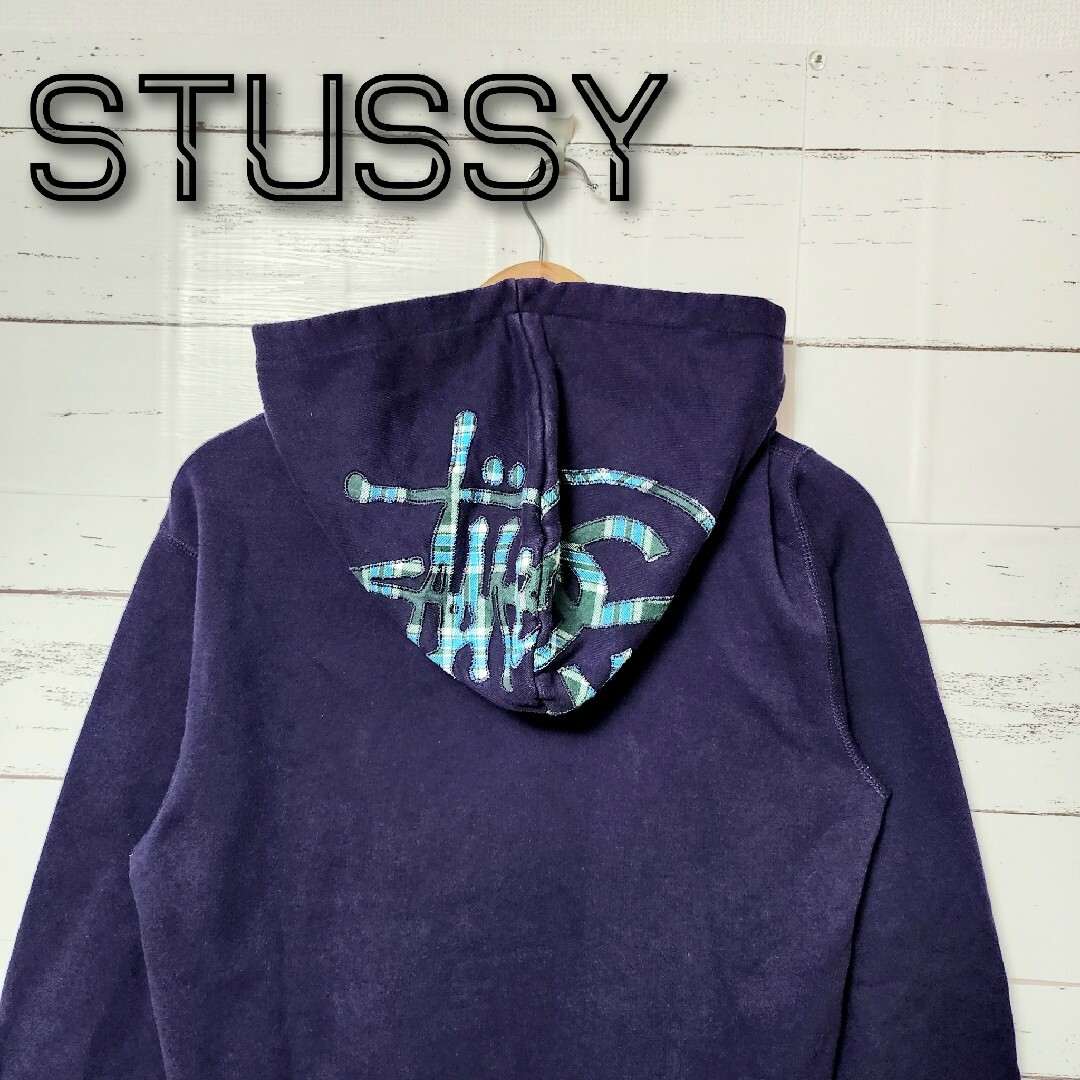 超希少》STUSSY ステューシー ジップパーカー ネイビー チェック 刺繍 パーカー
