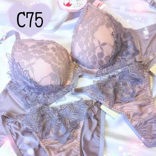 完売品*パープルグレー♥️ブラジャーショーツ3点セットTバック♥️エメフィール好(ブラ&ショーツセット)