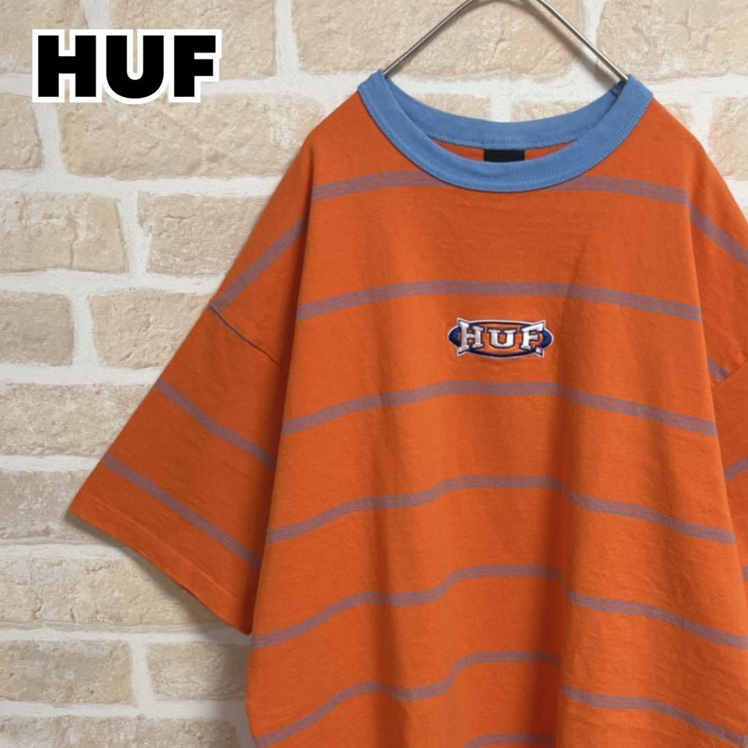 HUF ハフ Tシャツ 半袖 ボーダー オレンジ 刺繍ロゴ オーバーサイズ L