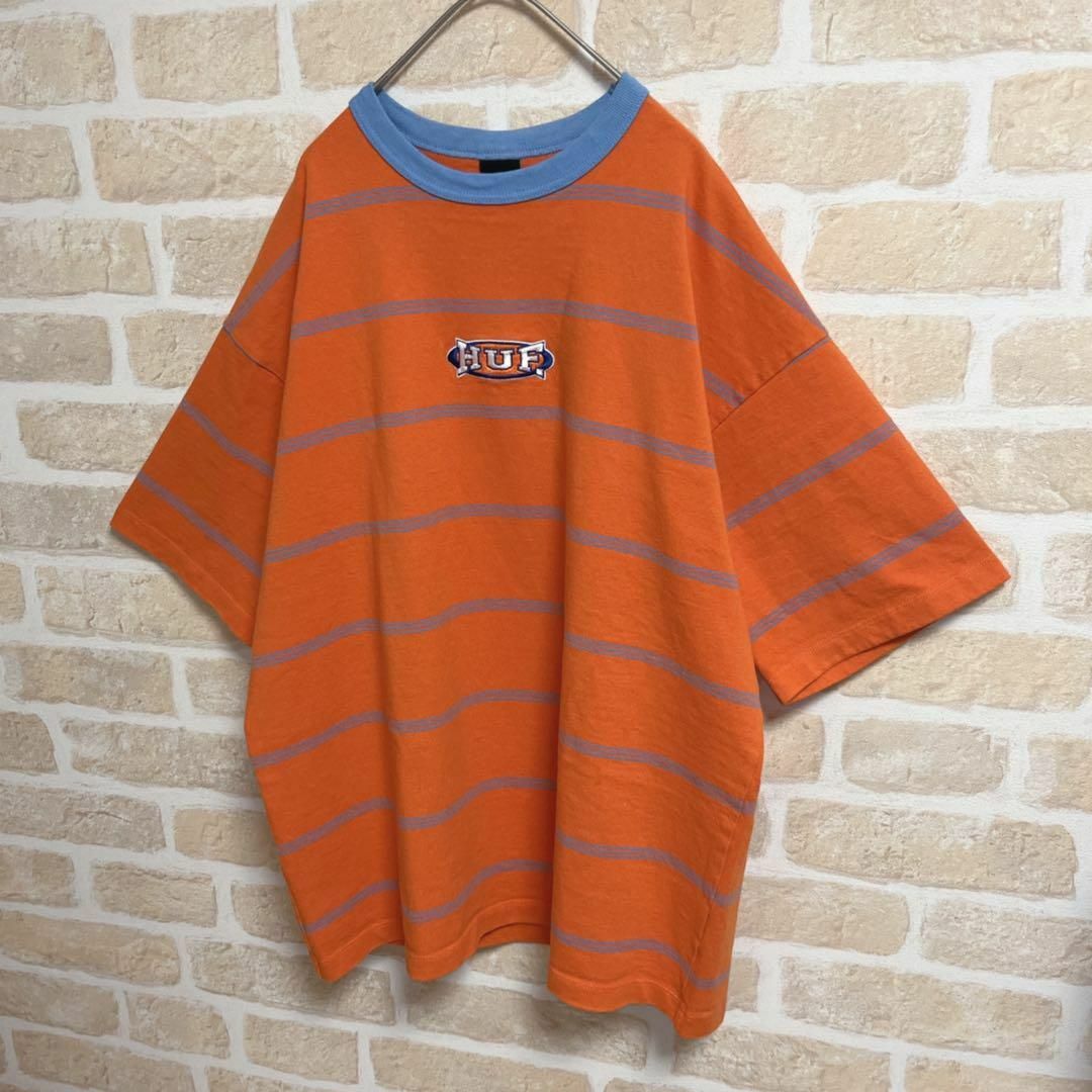 HUF - HUF ハフ Tシャツ 半袖 ボーダー オレンジ 刺繍ロゴ オーバー ...