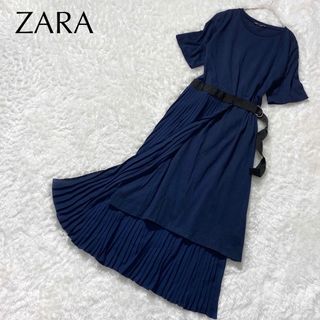 ザラ(ZARA)の【美品】ZARAザラ シフォン プリーツ切り替え ワンピース ミモレ丈 紺(ロングワンピース/マキシワンピース)