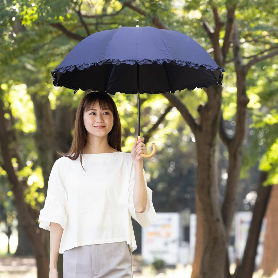 【色: ネイビー】日傘 クールプラス ＵＶ遮熱遮光コンパクト長傘 フリル 晴雨兼