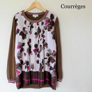 クレージュ(Courreges)の良品 クレージュ 薄手 プリーツ 花柄 クルーネック 長袖 ニット セーター(Tシャツ(長袖/七分))