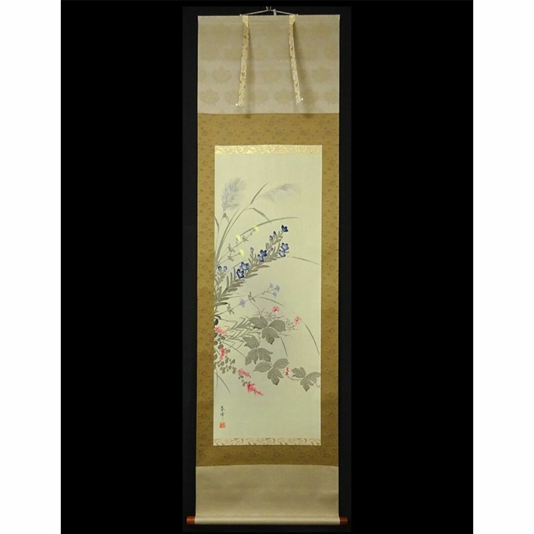 掛軸 小栗春峰『秋草』日本画 絹本 肉筆 共箱付 美品 掛け軸 x02554 掛軸 小栗春峰『秋草』日本画 絹本 肉筆 共箱付 美品 掛け軸 x02554