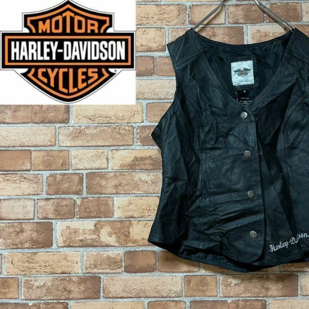 Harley Davidson - ハーレーダビッドソン レザーベスト 刺繍ロゴ 黒