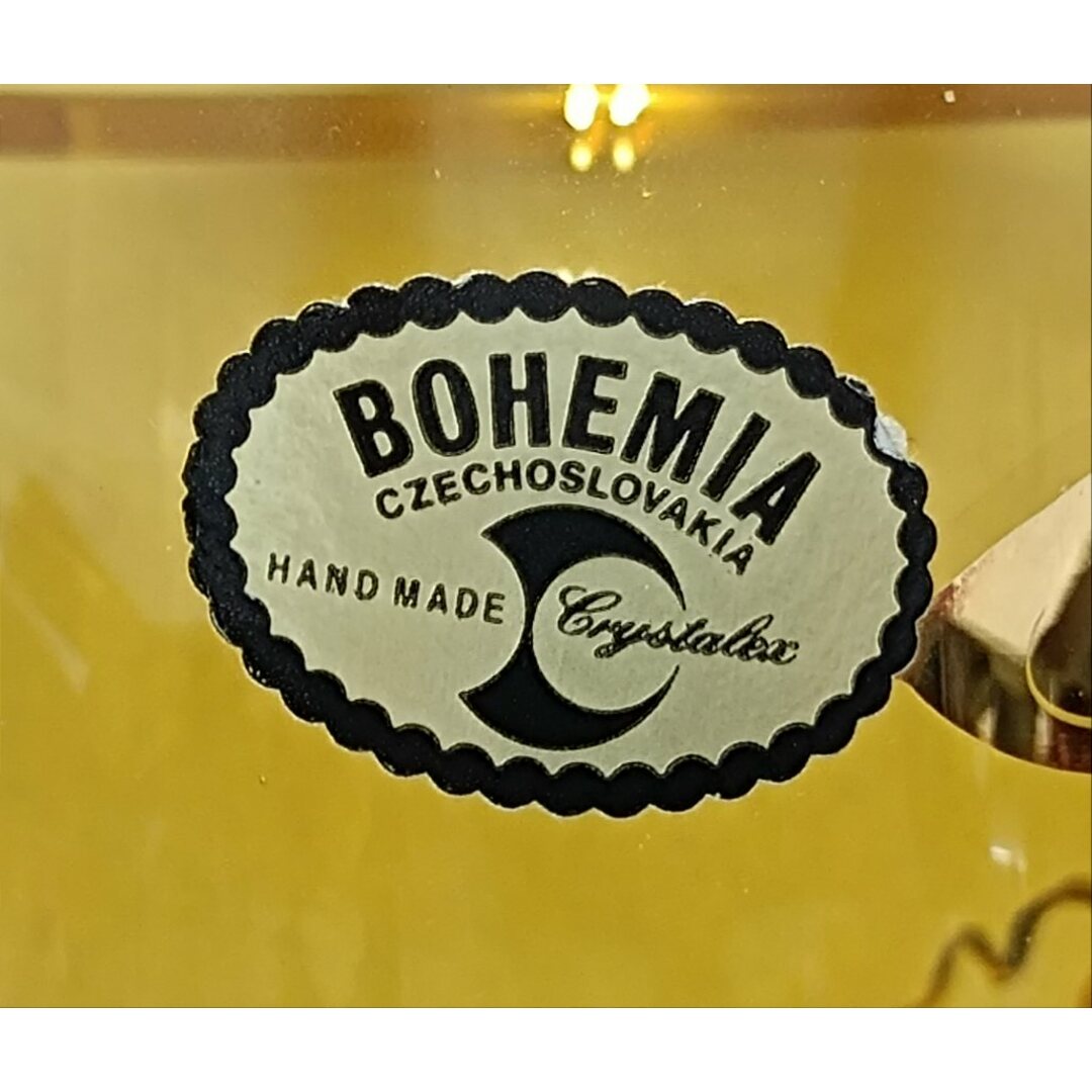BOHEMIA Cristal(ボヘミア クリスタル)のチェコ製　ボヘミアクリスタル琥珀色ガラス　金彩花草紋　フラワーベース エンタメ/ホビーの美術品/アンティーク(ガラス)の商品写真