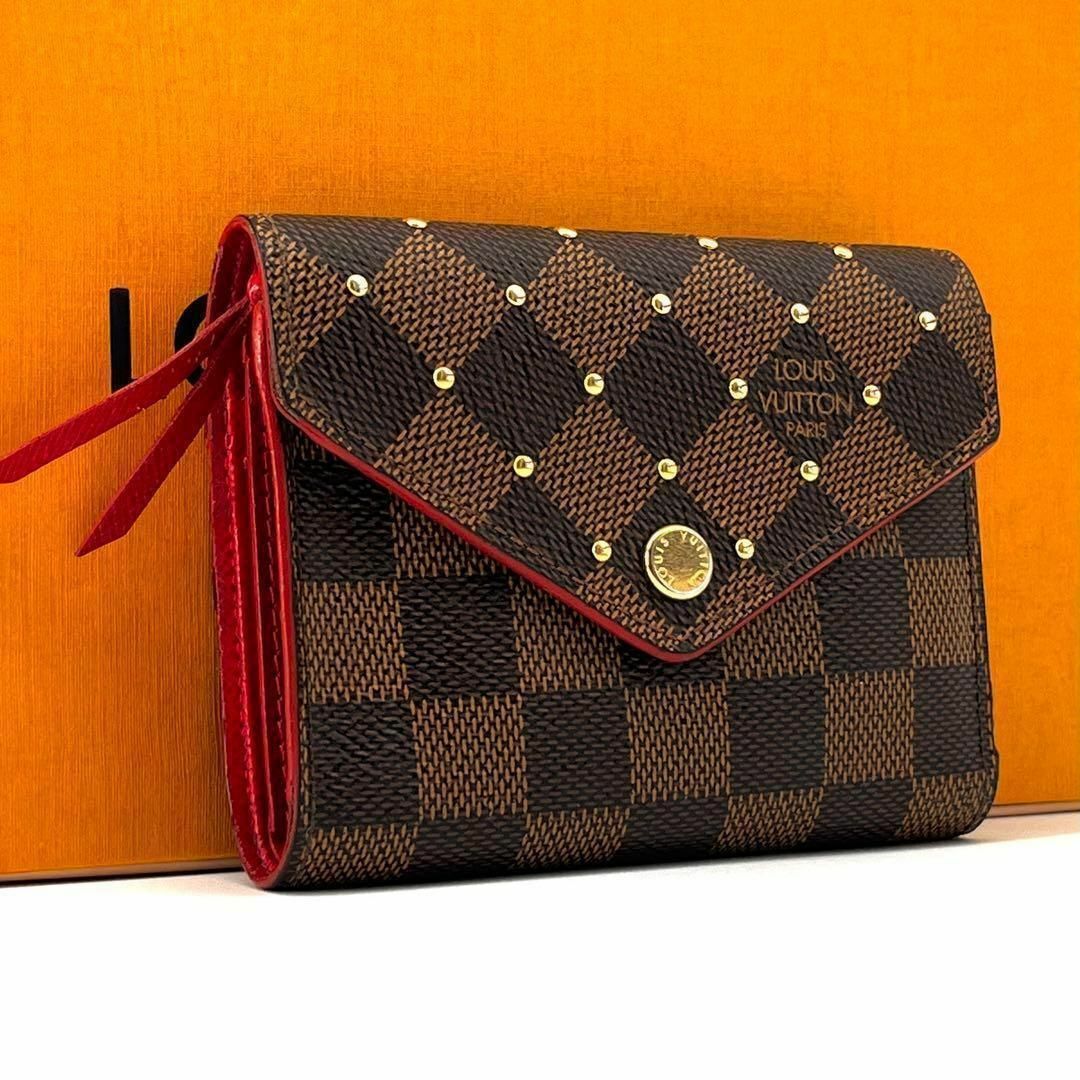 超可爱 美品 ポルトフォイユ・ヴィクトリーヌ ダミエ エベヌ スタッズ