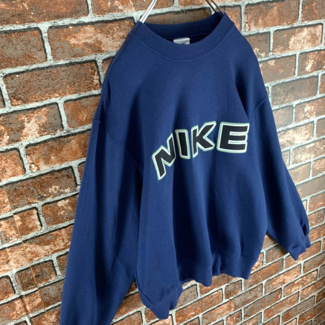 ナイキ 90s 古着 デカロゴ 刺繍ロゴ ストリート ネイビー 長袖 スウェット