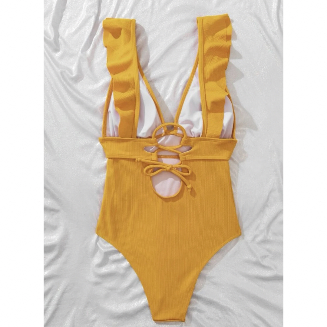 リブ フリルトリム ワンピース水着　イエロー レディースの水着/浴衣(水着)の商品写真