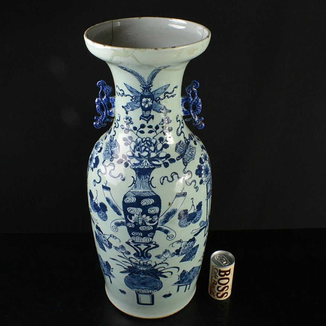 中国 青花 花瓶文 双耳盤口瓶 高さ約58.5cm M R6129F 中国 青花 花瓶文 双耳盤口瓶 高さ約58.5cm M R6129F