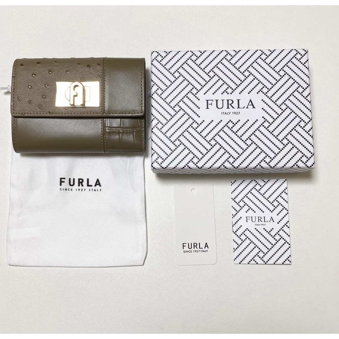 FURLA フルラ 三つ折り財布 クロコ＆オーストリッチの型押し ブラック