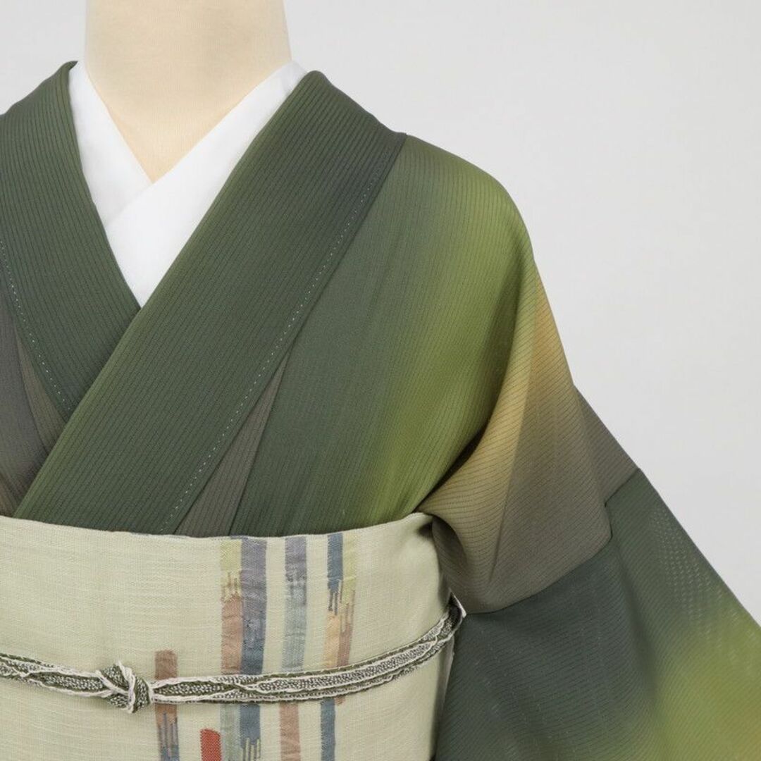 【夏着物】縦絽 小紋 グラデーション縦縞 ベージュグリーン 6KG37