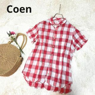 Coen コーエン　チェックシャツ　ブラウス　半袖　麻100% ベア刺繍(シャツ/ブラウス(半袖/袖なし))