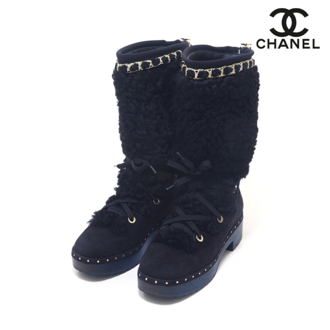 シャネル CHANEL ココマーク ファーxレザー #37 ブーツ